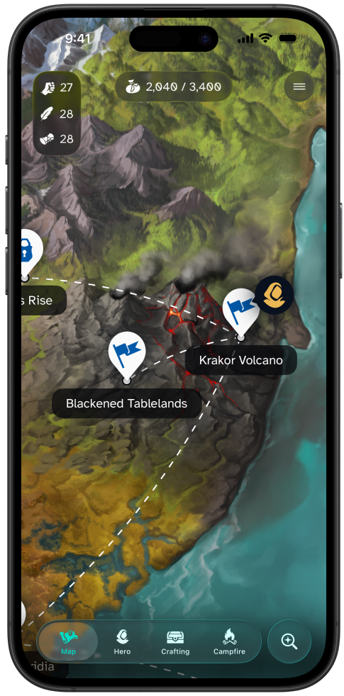 A screenshot showing a different region of Land of Livia. This map depicts the Krakor Volcano which is surrounded by the Blackened Tablelands. There is also a swamp further down to the south.