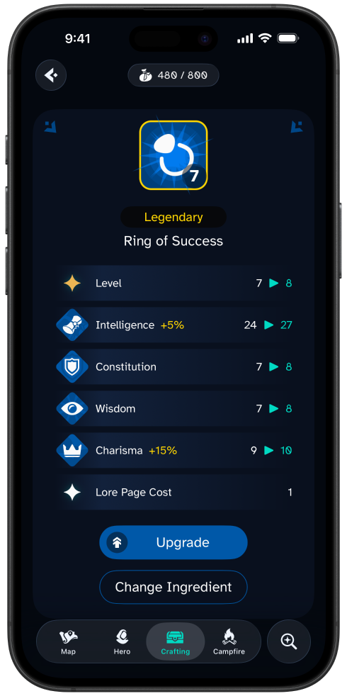 A screenshot showing the legendary Ring of Success item and what the outcomes of upgrading it will be.