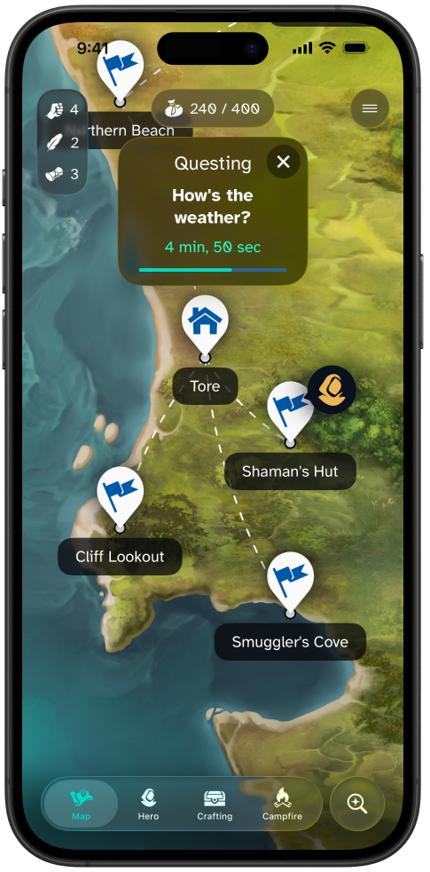 A screenshot showing the map of Land of Livia, which includes a rugged coastline and ocean. There are several map markers displayed and the player is currently attempting a quest called How's the weather.