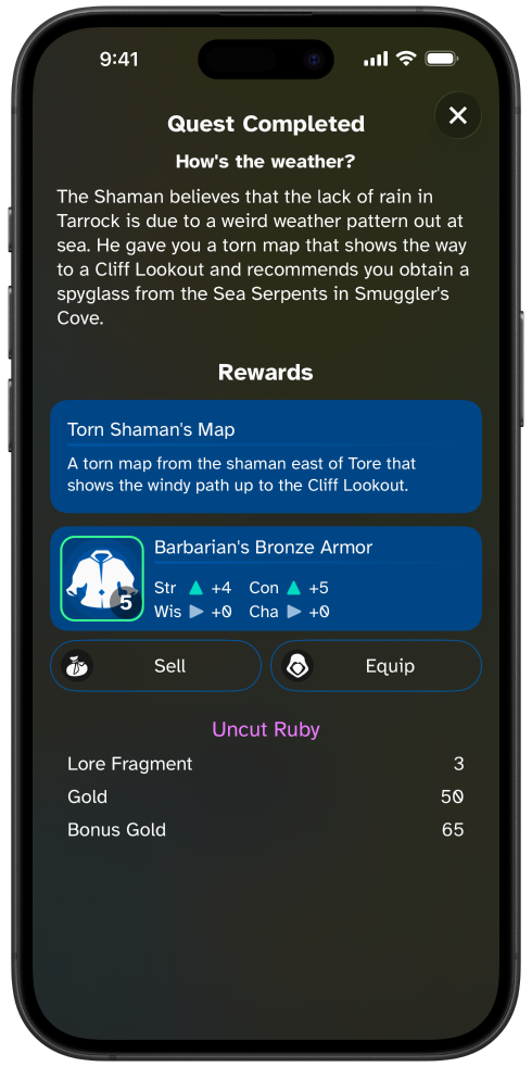 A screenshot showing the quest completed screen for the quest How's teh weather. The player has been rewarded with a Torn Shaman's Map and Barbarian's Bronze Armor which appears to be an upgrade. They also received an Uncut Ruby, 3 lore fragments, 50 gold, and 65 bonus gold.