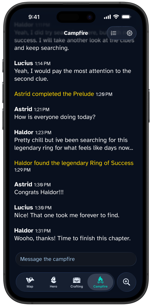 A screenshot showing the campfire chat. A player has found the legendary Rin of Success and other players in the campfire are congratulating them.