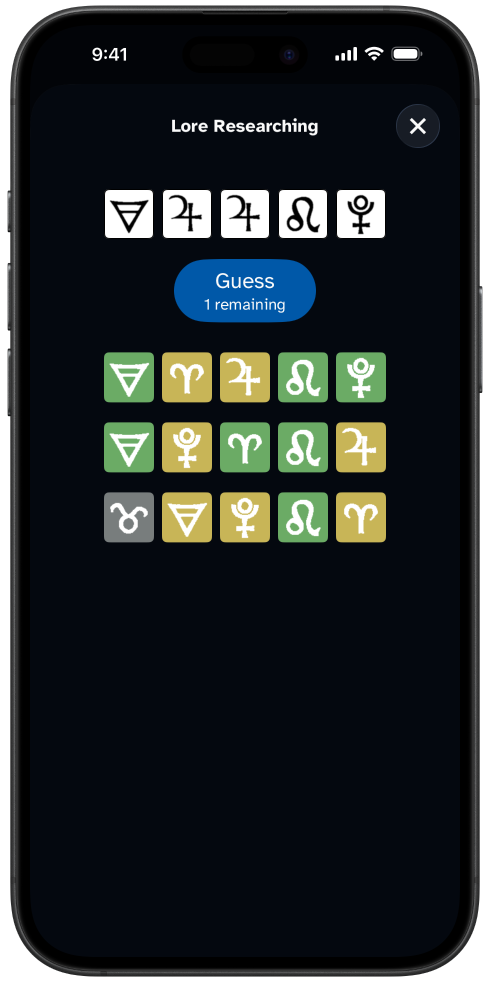 A screenshot showing the lore researching minigame. It shows a series of different runes that must be guessed.