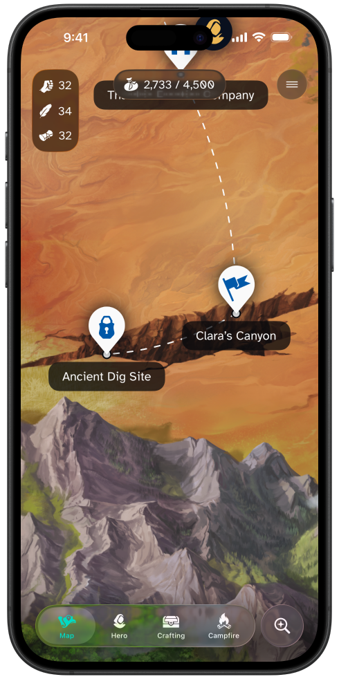A screenshot showing a desert region of Land of Livia. There are two locations shown, Clara's Canyon and the Ancient Dig Site which appears to be locked. The player is currently traveling to Clara's Canyon.