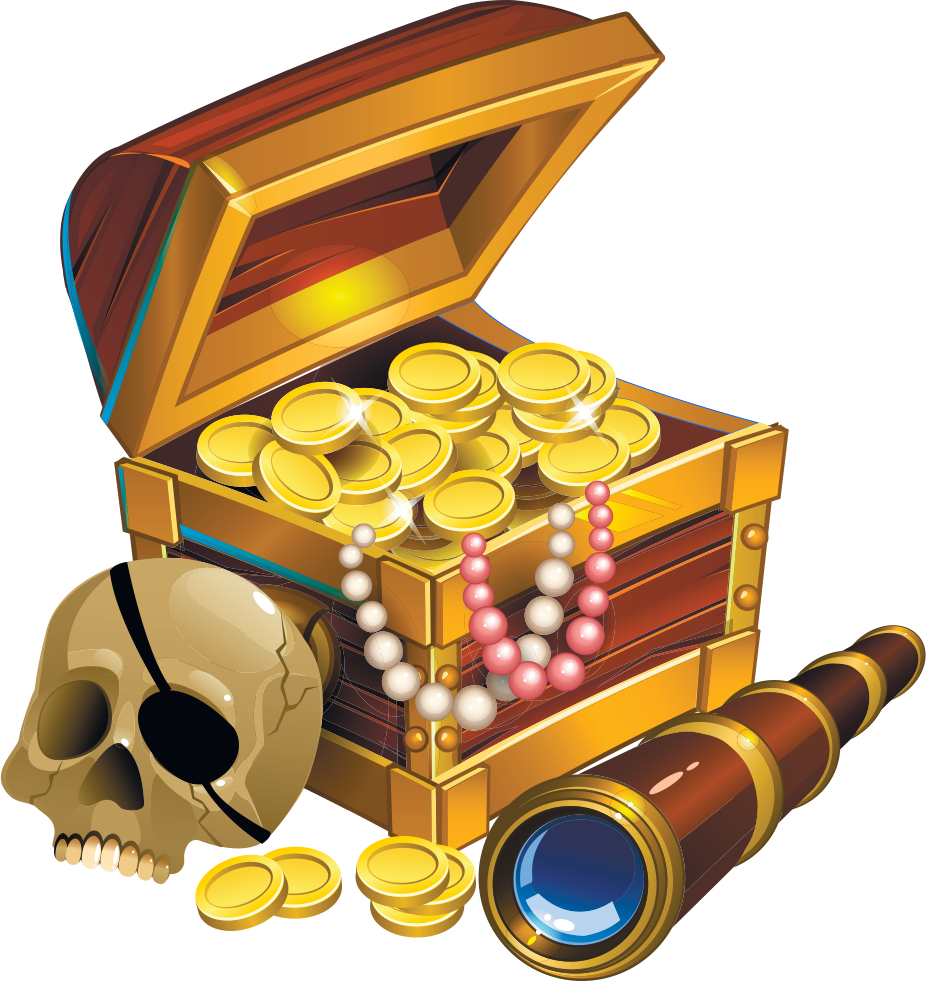 Image of a treasure chest, jewels, a skull and a looking glass
